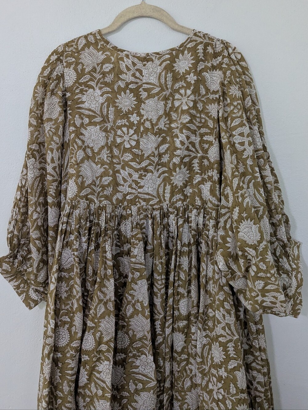 Daughters of India Kyra Maxi Dress Floral Print Tie Neck Olive White Large L - Picture 9 of 12